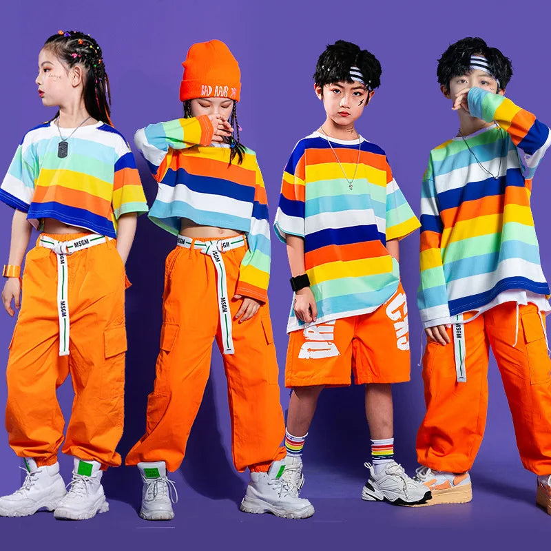 Girls Hip Hop Street Dance Clothes Striped Crop Top Cargo Pants Boys Rainbow T-shirt Loose Shorts Kids Streetwear Jazz Costumes