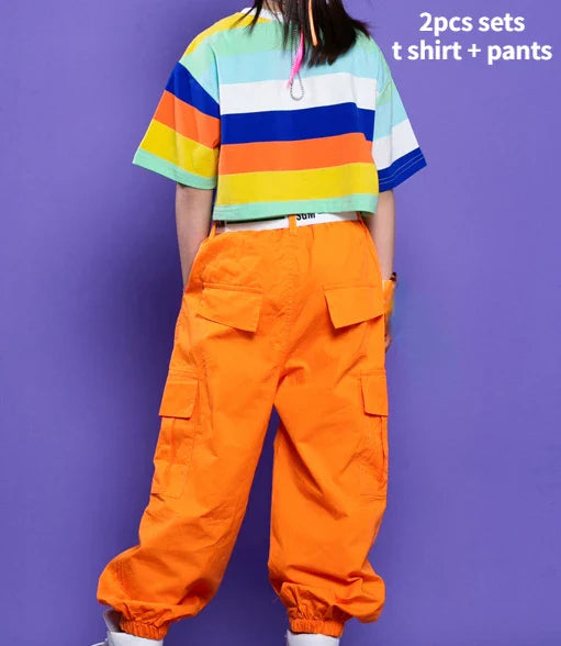 Girls Hip Hop Street Dance Clothes Striped Crop Top Cargo Pants Boys Rainbow T-shirt Loose Shorts Kids Streetwear Jazz Costumes