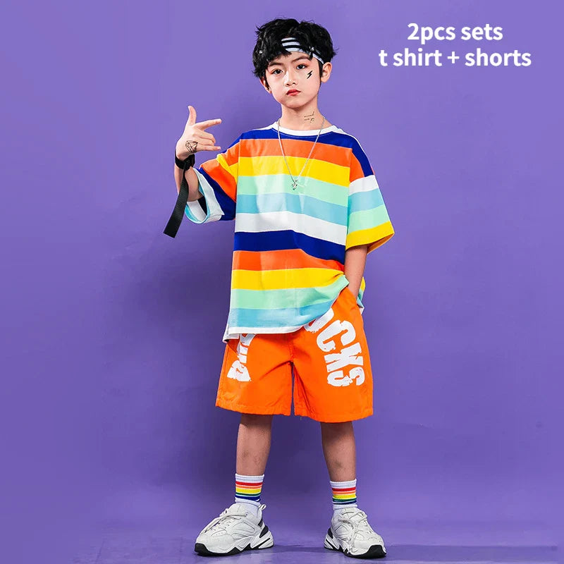 Girls Hip Hop Street Dance Clothes Striped Crop Top Cargo Pants Boys Rainbow T-shirt Loose Shorts Kids Streetwear Jazz Costumes