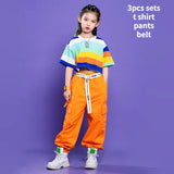 Girls Hip Hop Street Dance Clothes Striped Crop Top Cargo Pants Boys Rainbow T-shirt Loose Shorts Kids Streetwear Jazz Costumes