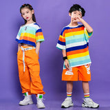 Girls Hip Hop Street Dance Clothes Striped Crop Top Cargo Pants Boys Rainbow T-shirt Loose Shorts Kids Streetwear Jazz Costumes