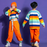 Girls Hip Hop Street Dance Clothes Striped Crop Top Cargo Pants Boys Rainbow T-shirt Loose Shorts Kids Streetwear Jazz Costumes