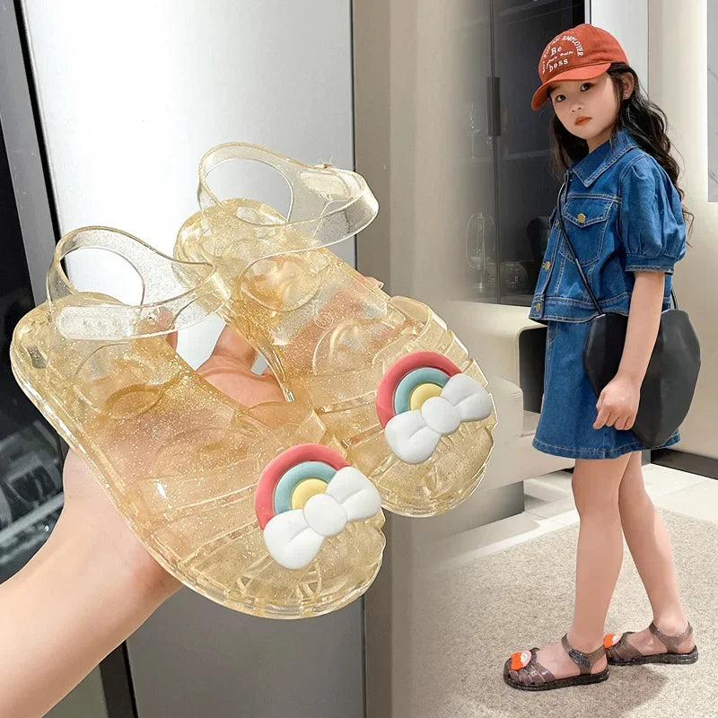 Girls Sandals Summer New Rainbow Bow Kdis  Cute Jelly Shoes Fashion Princess Shoes Beach Girls' Shoes Infant Girl‘s Sandal