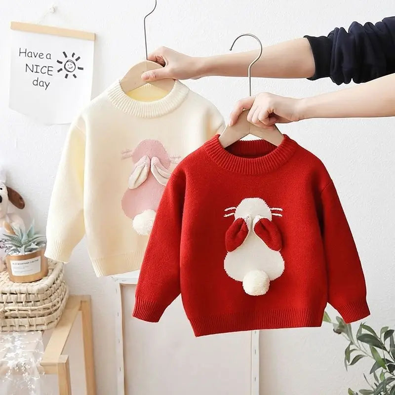 Girls' Sweater Rabbit Fashionable Little Girls' Winter and Autumn Wear Plush Children's Latest Sweater Baby Knit