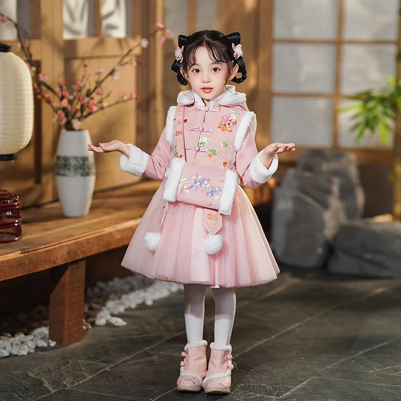 Girls Winter New Thick Qipao Hanfu Fairy Princess Kids Dress Performance Embroidery Chinese New Year Clothing Greeting Vestido