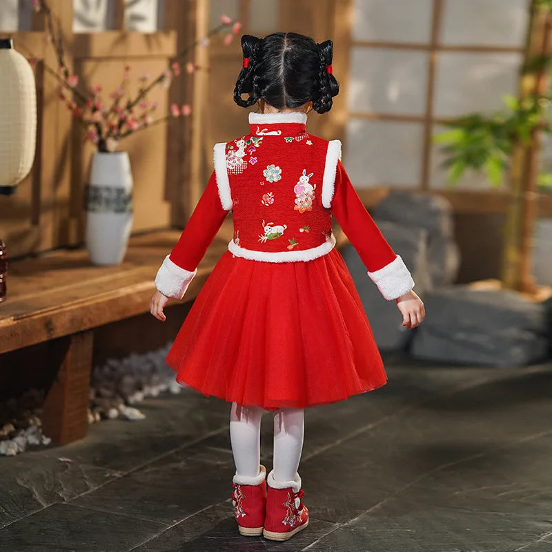 Girls Winter New Thick Qipao Hanfu Fairy Princess Kids Dress Performance Embroidery Chinese New Year Clothing Greeting Vestido