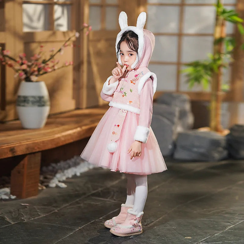 Girls Winter New Thick Qipao Hanfu Fairy Princess Kids Dress Performance Embroidery Chinese New Year Clothing Greeting Vestido