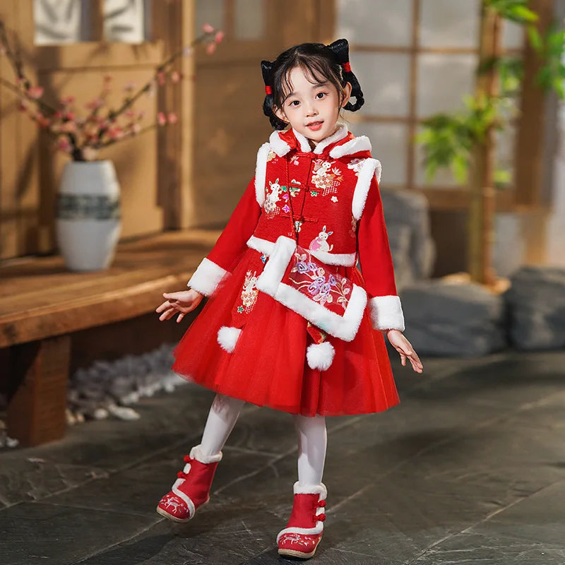 Girls Winter New Thick Qipao Hanfu Fairy Princess Kids Dress Performance Embroidery Chinese New Year Clothing Greeting Vestido