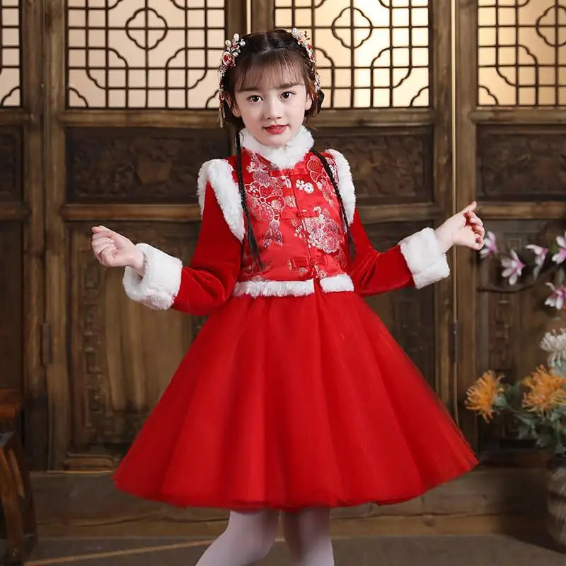 Girls Winter New Thick Qipao Hanfu Fairy Princess Kids Dress Performance Embroidery Chinese New Year Clothing Greeting Vestido