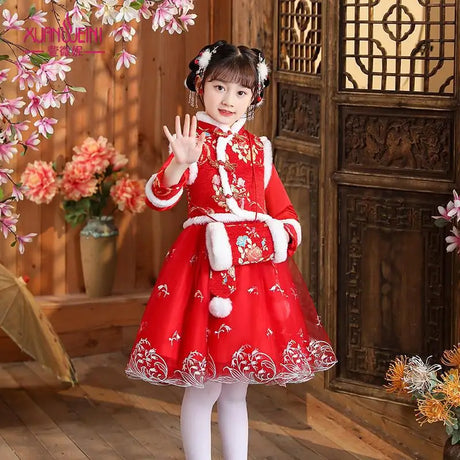 Girls Winter New Thick Qipao Hanfu Fairy Princess Kids Dress Performance Embroidery Chinese New Year Clothing Greeting Vestido