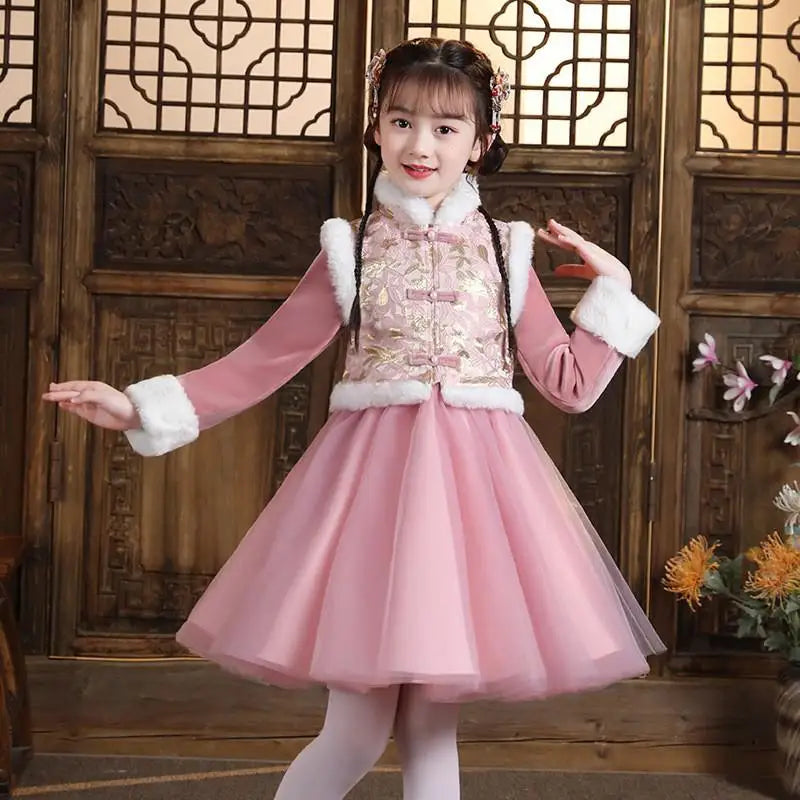 Girls Winter New Thick Qipao Hanfu Fairy Princess Kids Dress Performance Embroidery Chinese New Year Clothing Greeting Vestido