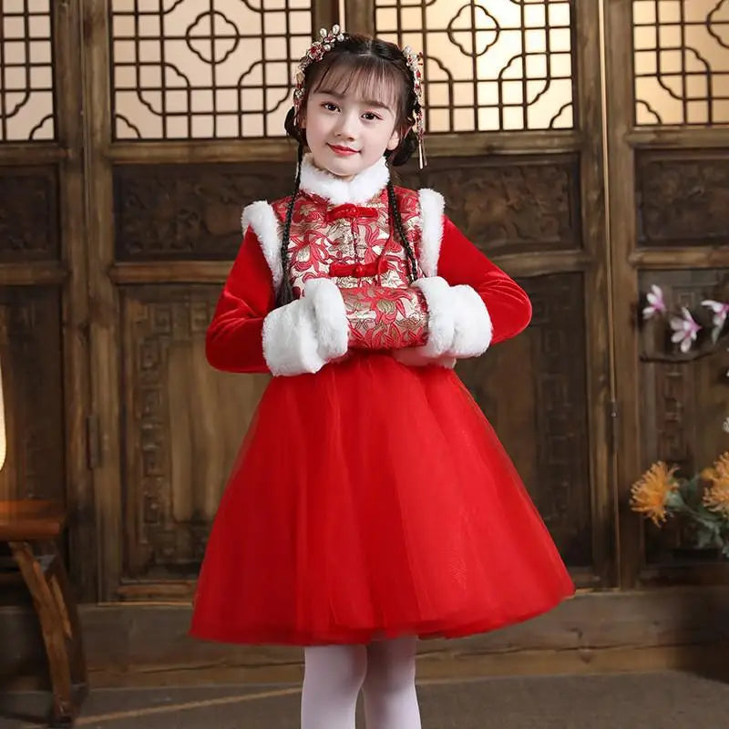 Girls Winter New Thick Qipao Hanfu Fairy Princess Kids Dress Performance Embroidery Chinese New Year Clothing Greeting Vestido