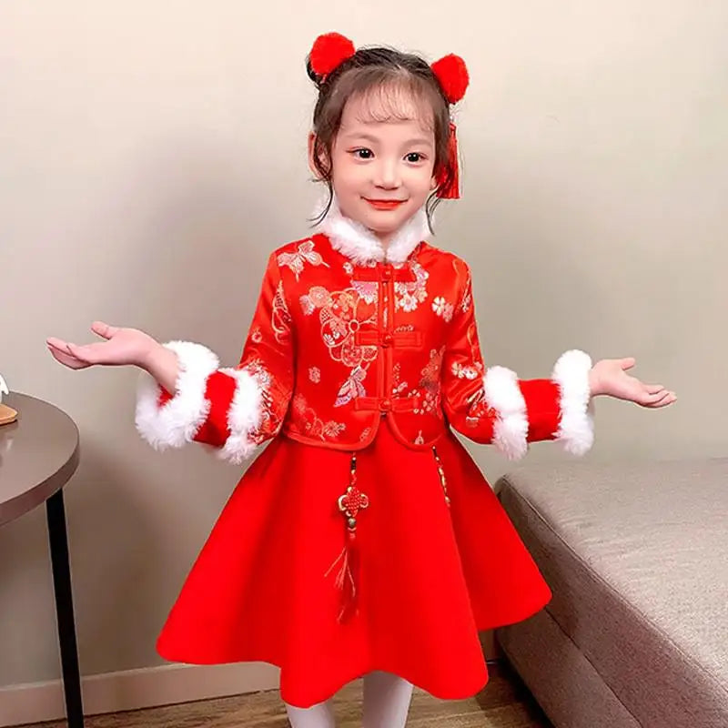 Girls Winter New Thick Qipao Hanfu Fairy Princess Kids Dress Performance Embroidery Chinese New Year Clothing Greeting Vestido