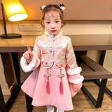 Girls Winter New Thick Qipao Hanfu Fairy Princess Kids Dress Performance Embroidery Chinese New Year Clothing Greeting Vestido