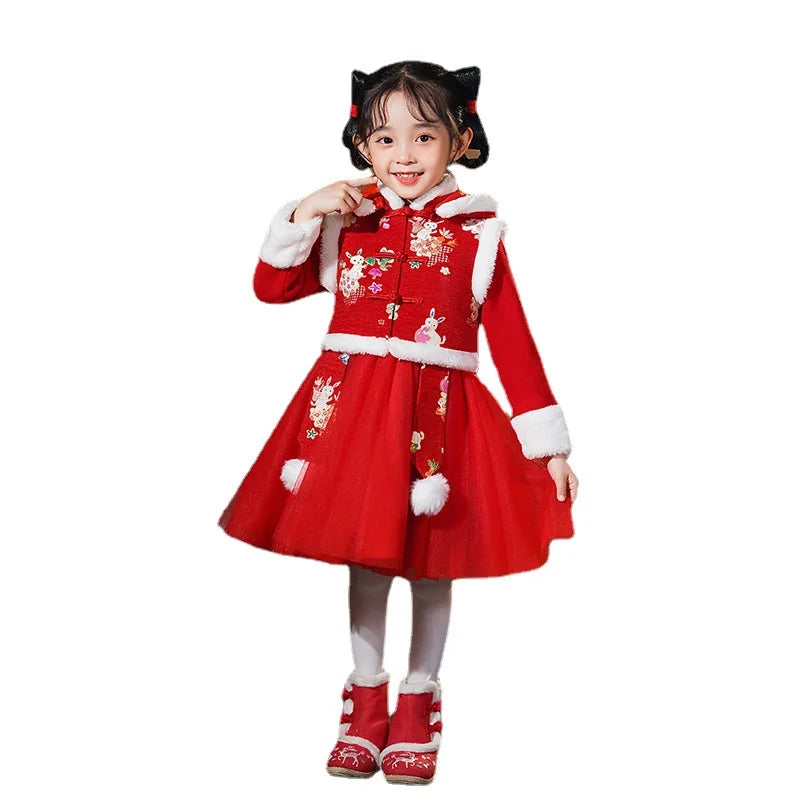 Girls Winter New Thick Qipao Hanfu Fairy Princess Kids Dress Performance Embroidery Chinese New Year Clothing Greeting Vestido