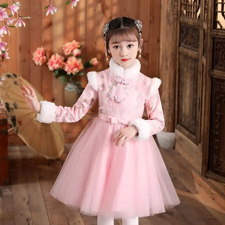 Girls Winter New Thick Qipao Hanfu Fairy Princess Kids Dress Performance Embroidery Chinese New Year Clothing Greeting Vestido