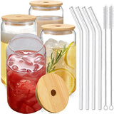 Glass Cup Bamboo Lid Bubble Tea Transparent Cold Drinking Coffee Mug Wine Milk Tea Cup Glass Straw Drinkware Durable 4/6pcs