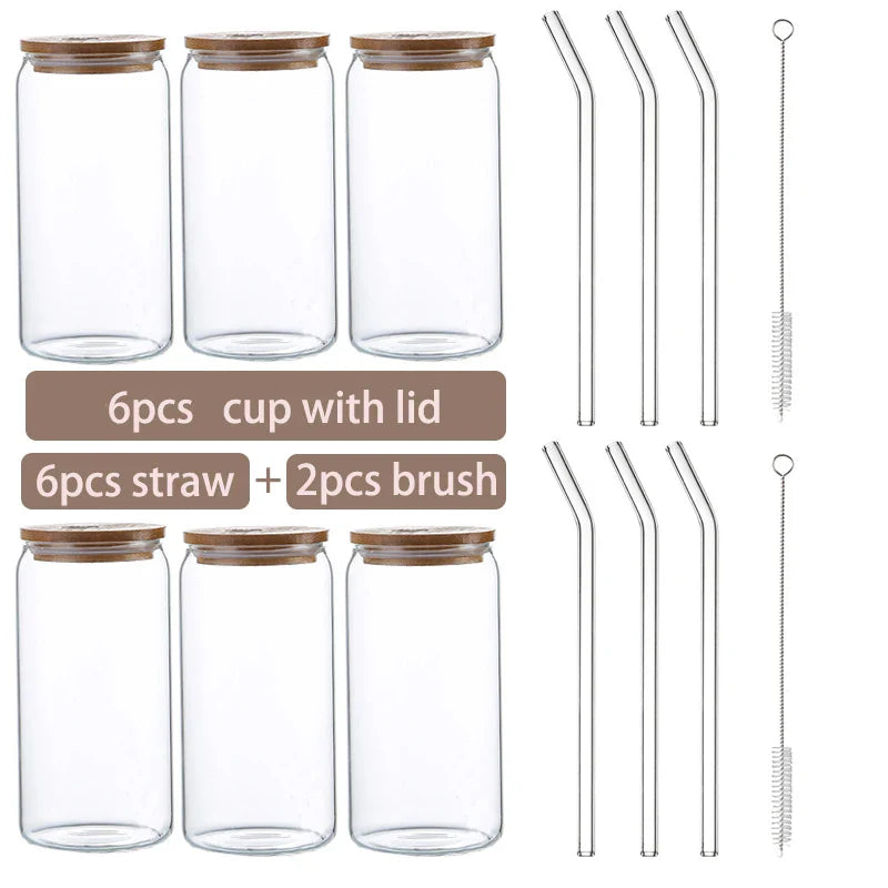 Glass Cup Bamboo Lid Bubble Tea Transparent Cold Drinking Coffee Mug Wine Milk Tea Cup Glass Straw Drinkware Durable 4/6pcs