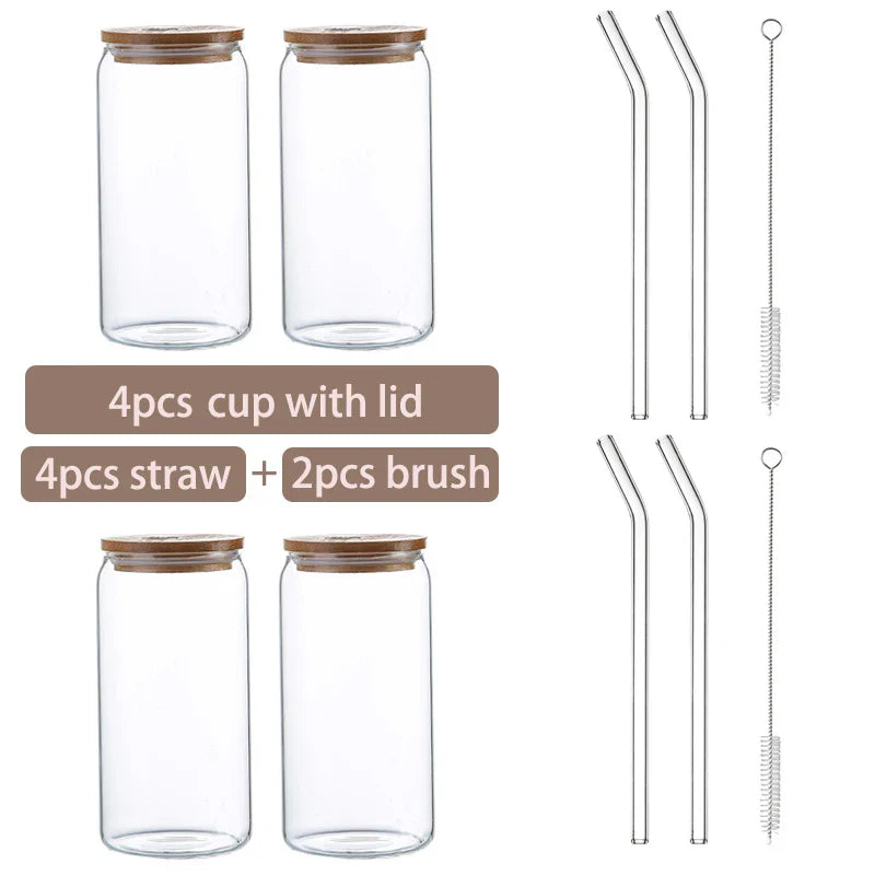 Glass Cup Bamboo Lid Bubble Tea Transparent Cold Drinking Coffee Mug Wine Milk Tea Cup Glass Straw Drinkware Durable 4/6pcs