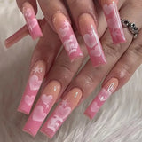 Glitter Pink Fake Nails Press on Short French Set Sequin Cute Nail Art Reusable Fake Nails Acrylic Full Cover Tips with Glue