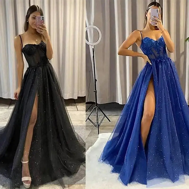 Glitter Tulle Ruffled Prom Dress Long Ball Gown Spaghetti Straps Lace Appliqued 3D Flower Slit Bridesmaid Dresses Cocktail party