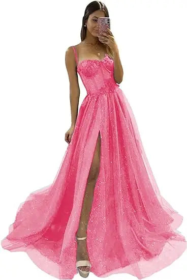 Glitter Tulle Ruffled Prom Dress Long Ball Gown Spaghetti Straps Lace Appliqued 3D Flower Slit Bridesmaid Dresses Cocktail party