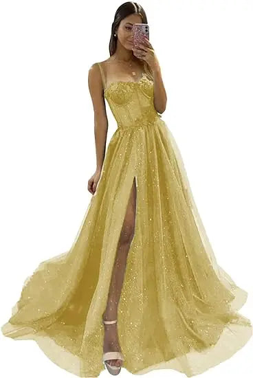 Glitter Tulle Ruffled Prom Dress Long Ball Gown Spaghetti Straps Lace Appliqued 3D Flower Slit Bridesmaid Dresses Cocktail party