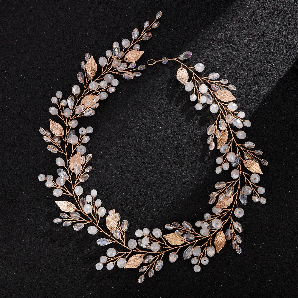 Gold Alloy Crystal Bead Flower Headband Hair Accessories Tiaras Bridal Headwear Wedding Hair Jewelry Party Prom Headpiece