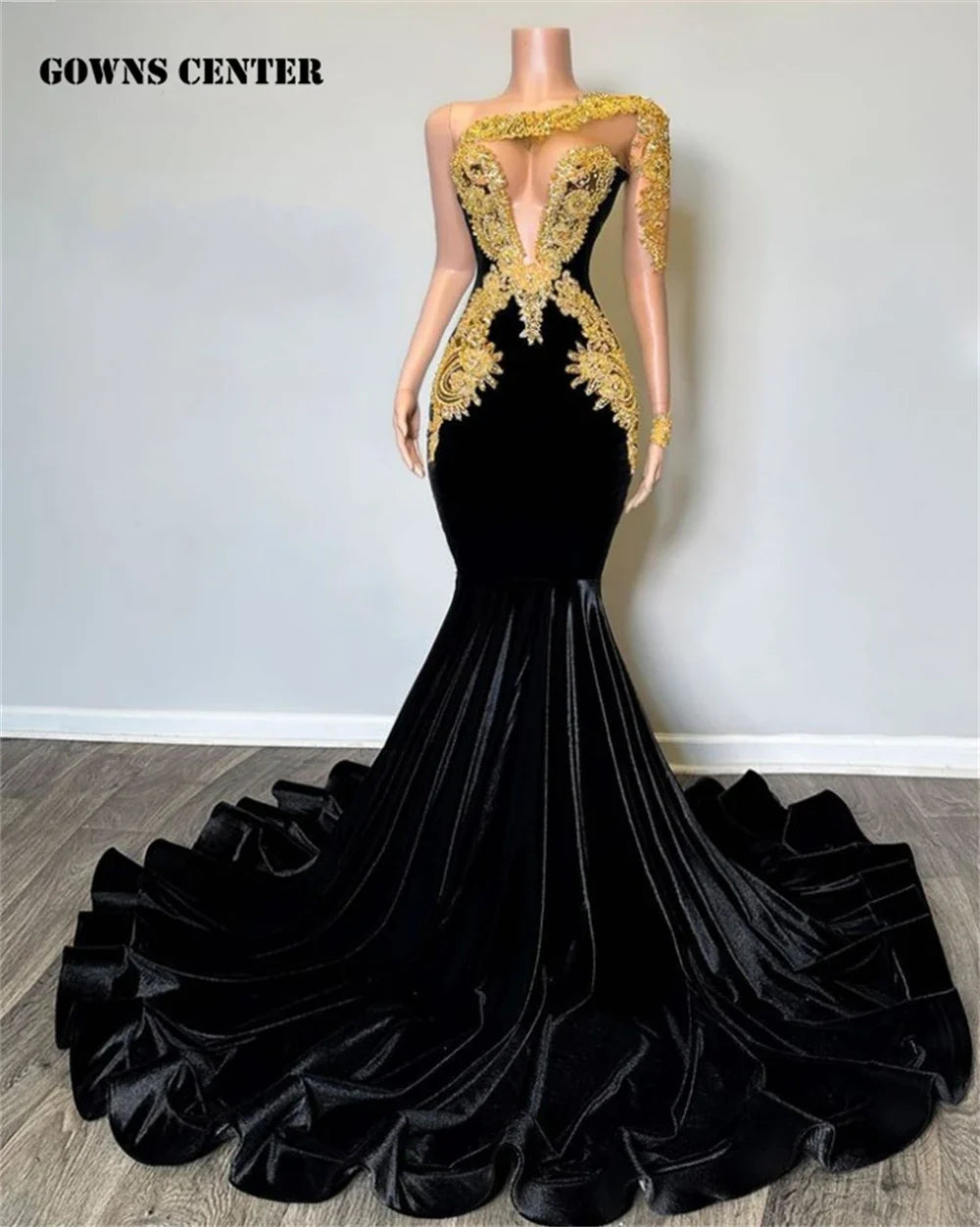 Gold Beaded Lace Appliques One Shoulder Long Sleeve Black Velvet Prom Dresses For Party Wedding Evening Black Girls Luxury Birth