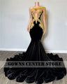 Gold Beaded Lace Appliques One Shoulder Long Sleeve Black Velvet Prom Dresses For Party Wedding Evening Black Girls Luxury Birth