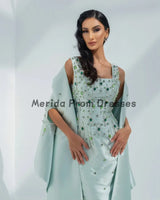 Green Crystal Handbeading Prom Dresses 2-Piece Jacket Back Split Arabia Luxury Evening Dress Formal Wedding Party Gowns