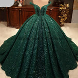 Green Sequins Ball Gown Wedding Dresses Off Shoulder Lace Applique Weddding Gowns Sweep Train Customize вечернее платье