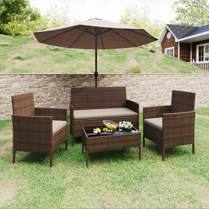 Greesum Patio Furniture 4 Pieces Conversation Sets Outdoor Wicker Rattan Chairs Garden Backyard Balcony Porch Poolside love