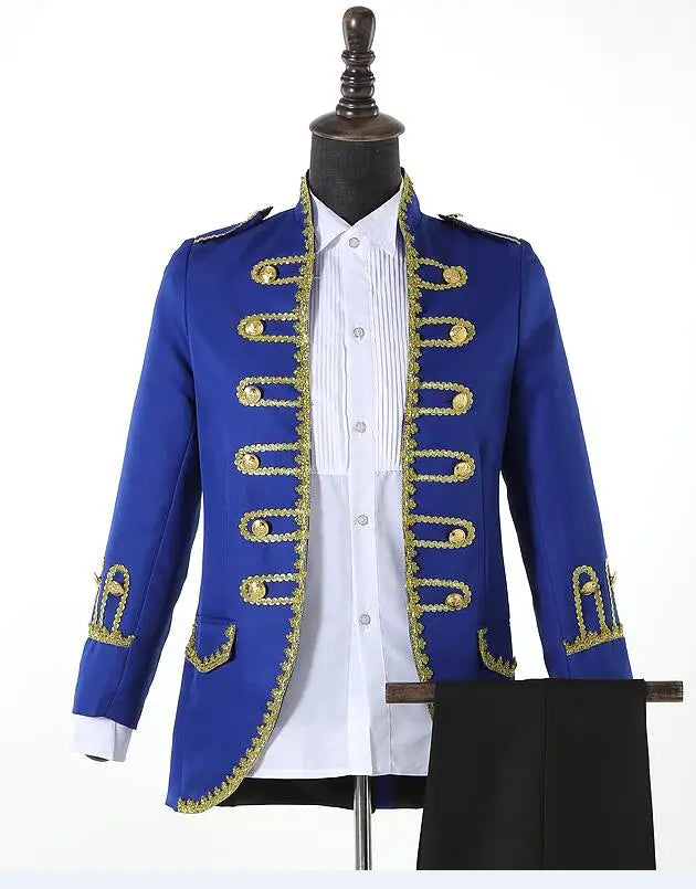 Groom formal Uniform blue white Red Men Court Clothing European Retro man Wedding Costume Male Host Bar Clothes Jacket + Pants