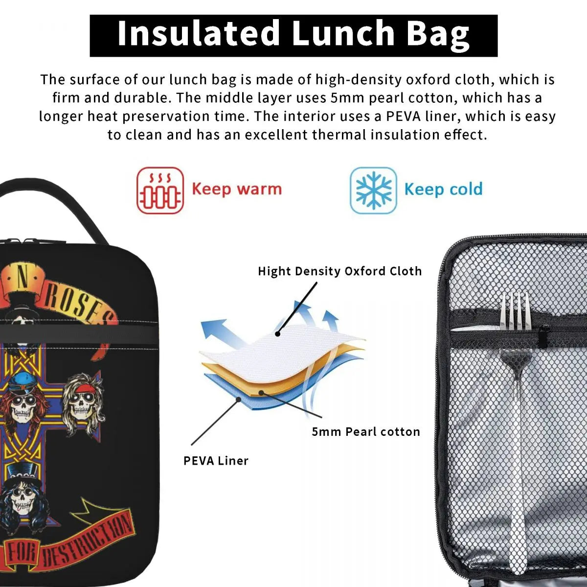 Guns N Roses Logo Insulated Lunch Bags Large Meal Container Thermal Bag Tote Lunch Box School Outdoor Food Handbags