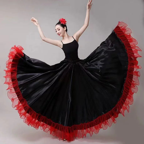 Gypsy Woman Spanish Flamenco Skirt Polyester Satin Smooth Big Swing Carnival Party Ballroom Belly Dance Costumes Dress