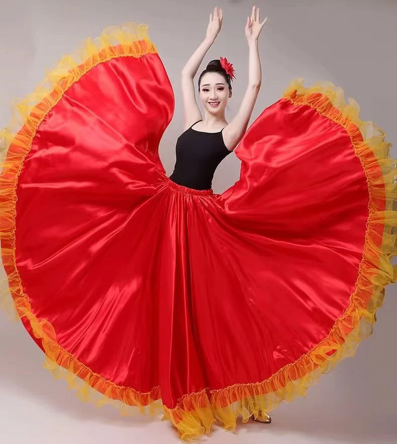 Gypsy Woman Spanish Flamenco Skirt Polyester Satin Smooth Big Swing Carnival Party Ballroom Belly Dance Costumes Dress