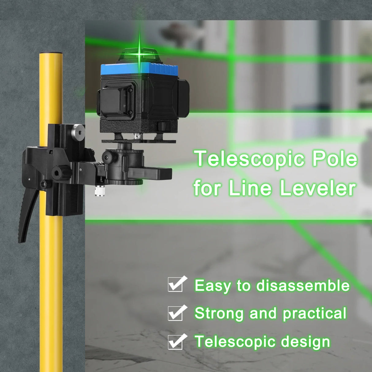 Max 4.2m Height Adjustable Line Leveler Stand Bar Telescopic Pole Bracket 1/4'' Thread Lift Extend Holder for Laser Level