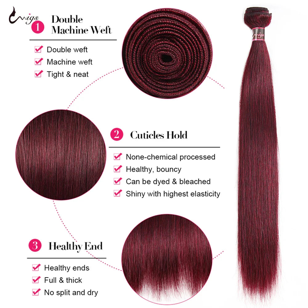 99j Hair Bundles With Frontal Brazilian Hair Bone Straight Human Hair Bundles With 5x5 Closure Ombre Colored Burgundy 3 Bundles