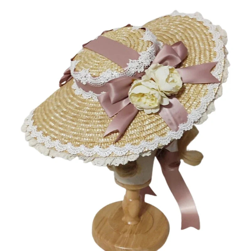 Japanese Lolita Sweet Handmade Straw Sun Hat Lace Patchwork Ribbon Bandage Bowknot Wide Brim Elegant Tea Party Beach Flat D0LF