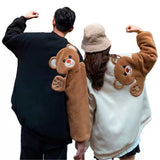 2024 Spring Harajuku Men Round Neck Sweatshirt Flocking Cartoon Bear Fleece Long Sleeves Hoodies Unisex Couple Matching Outwear