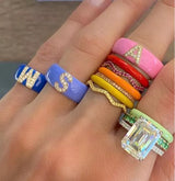 Hot sale colorful women's Initials A-Z letter finger rings for lady engagement band jewelry total initials 26 Alphabet set punk