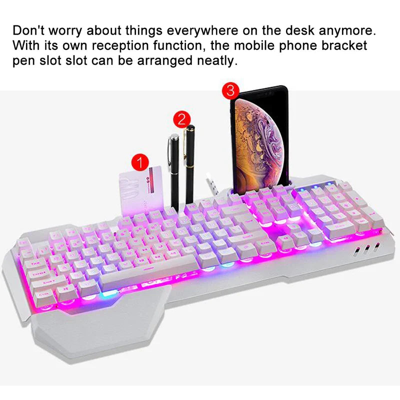 Mechanical Rainbow Backlit Gaming Keyboard and Optical Mice With PC Gaming headset, Pen Phone Holder,Waterproof,Multi Shortcuts