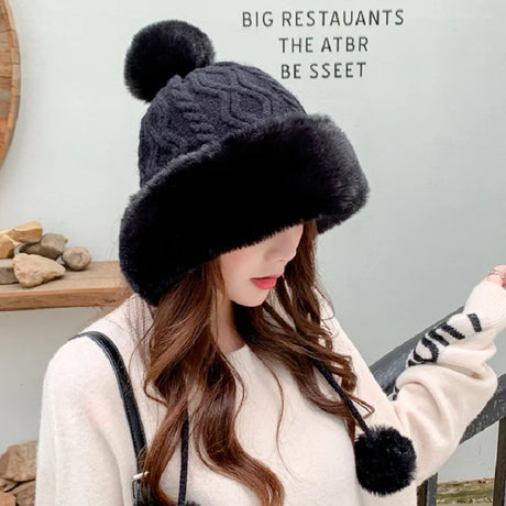 2021 New Pompom Winter Hats For Wome Earmuffs Thicken Ear-flapped Hat Fleece Lined Girl Knit Bonnets Cute Ladies Ear Beanies Cap