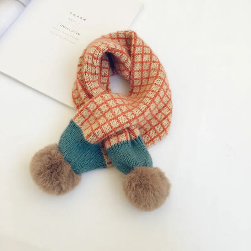 New Winter Children Plaid Knitted Scarves Korean Style Soft Pompon Patchwork Shawl Kids Warm Neckerchief