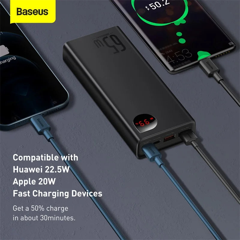 Baseus 65W Power Bank 20000mAh Portable Charging Powerbank Mobile Phone External Battery PD QC 3.0 Charger 22.5W Poverbank 20000