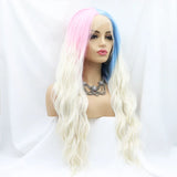 Cosplay Synthetic Lace Front Wig Platinum Blonde Ombre Half Pink Half Blue Curly Body Water Wave Frontal Wigs For Black Women