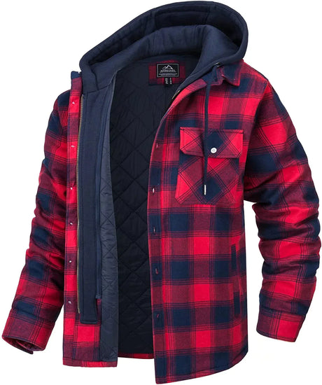 TACVASEN Men's Flannel Shirt Jacket with Removable Hood Plaid Quilted Lined Winter Coats Thick Hoodie Outwear Man Fleece Shirts