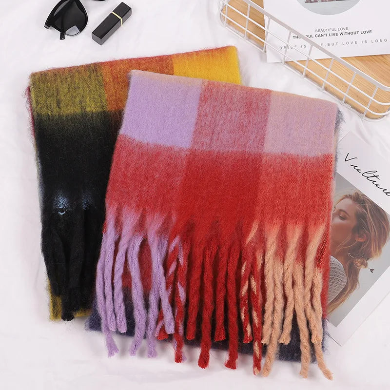 Luxury Brand Women Plaid Scarf Winter Warm Pashmina Shawls Cashmere Thick Wrap Lady Tassel Scarves Rainbow Hairy Bufanda