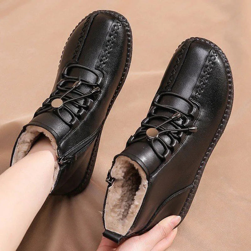 Winter Women Leather Shoes Plush Warm Shoes Woman Casual Flat Snow Boots Women's Soft-Soled Warm Cotton Boots Size 35-42 WSH4316